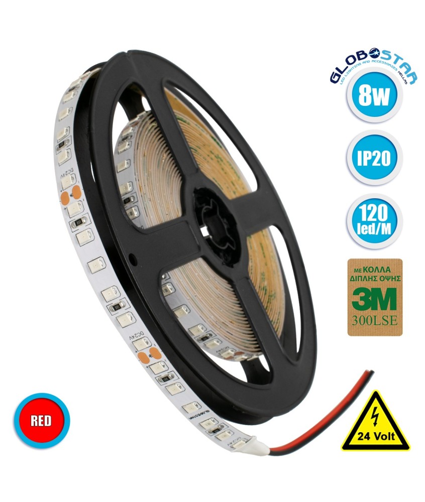 GLOBOSTAR® LUXA 70234 Ταινία LED 8W-m 640lm-m 120° DC 24V IP20 120 x SMD2835 Chip-m Κόκκινο Dimmable - Sanan SMD Chip - Μ500 x Π0.8 x Υ0.2cm - Ρολό 5 Μέτρων - 5 Χρόνια Εγγύηση